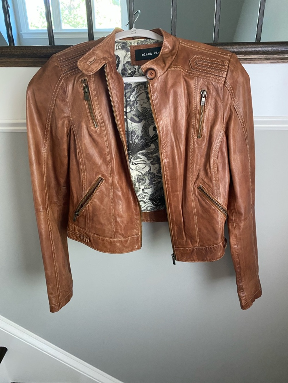Black Rivet Women's Cognac Brown Leather Moto Jacket